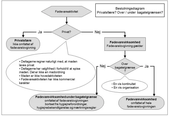 Beslutningsdiagram, der illustrerer vurdering af om en f&oslash;devareaktivitet h&oslash;re til i privatsf&aelig;ren eller under bagatelgr&aelig;nsen