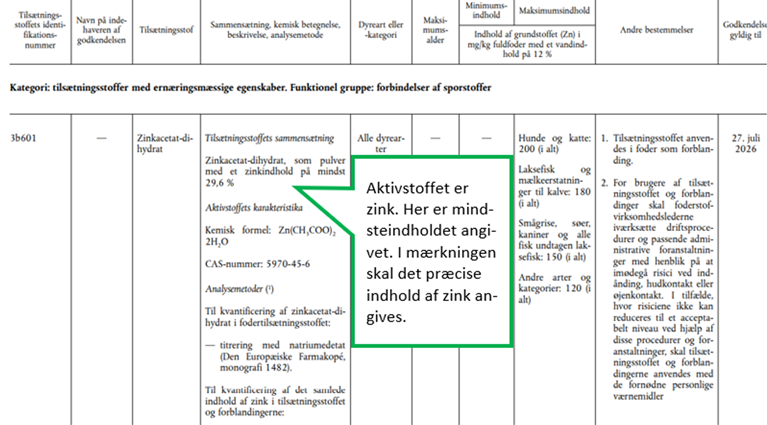 Billedet viser et eksempel på godkendelse af et fodertilsætningsstof, der er et sporstof.