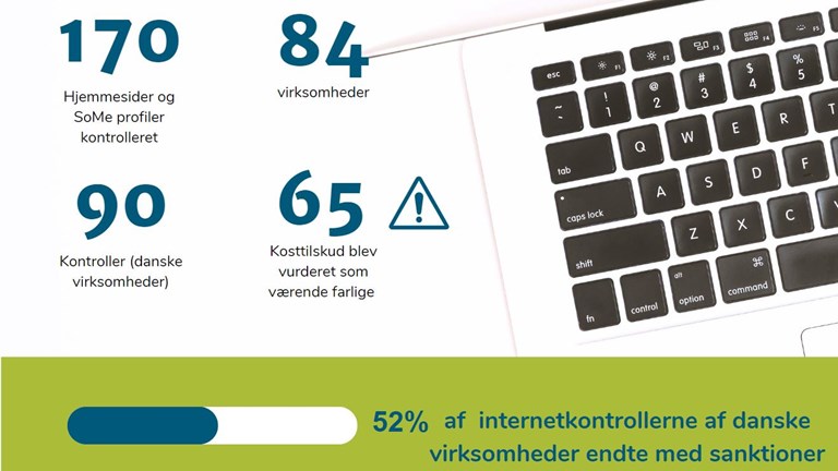 52 pct. af kosttilskudsgruppens internetkontroller af danske virksomheder endte med sanktioner. I alt blev 170 hjemmesider og profiler eller sider p&aring; sociale medier tjekket. Der blev udf&oslash;rt i alt 90 kontroller af sider tilh&oslash;rende 84 virksomheder. I alt blev 65 kosttilskudsprodukter vurderet som v&aelig;rende farlige.